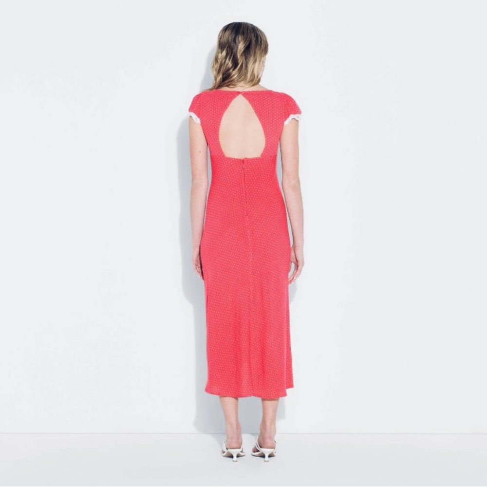 Flutter Cap Sleeve Maxi A-Line Dress | Rose Red, Dots, Lace Detail (S) - Picture 7 of 9